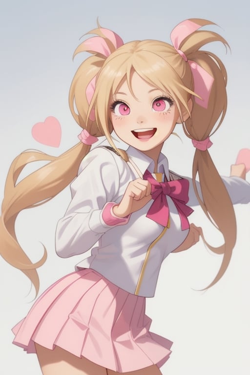 schoolgirl with blonde pigtails, white uniform, pink pigtails, pink accessories, weapons expert, front view, happy expression, eyes looking straight ahead