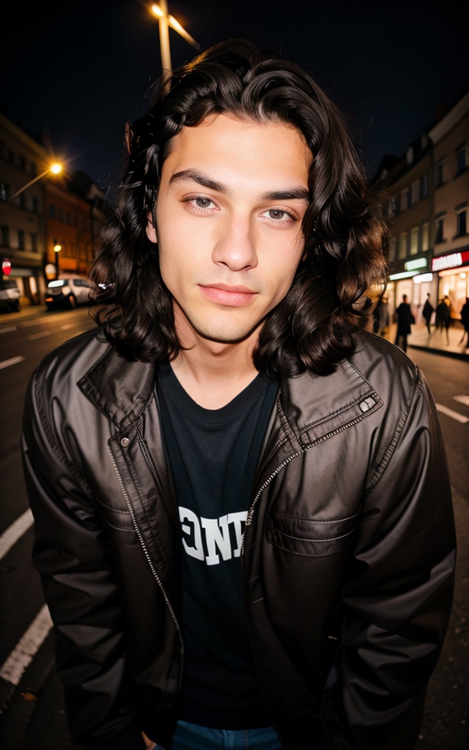 handsome top model, man, 18year old, wearing jacket, glans, medium curley black hair, nighttime, Warsaw street in background,  Nikon 5D, fisheye, brown eyes. analog style photography, dimples in the cheeks