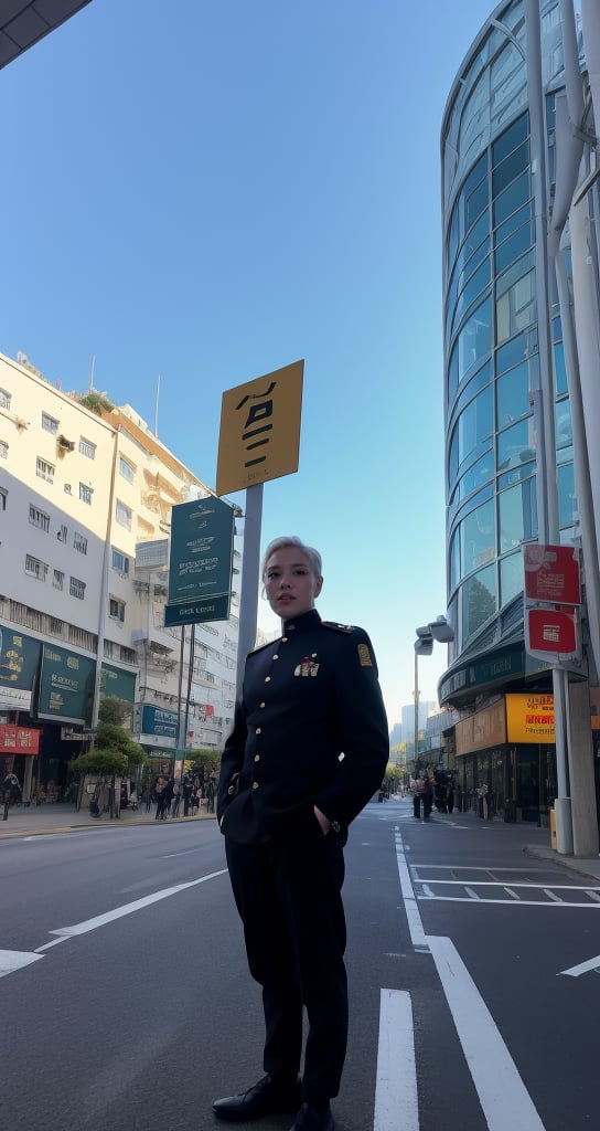 Create an image featuring Field Marshal August von Mackensen standing at the edge of a bustling urban crossroads in Hong Kong. The scene is set against a neutral background with subtle nostalgic undertones. Von Mackensen wears a fur busby adorned with Totenkopf insignia, framed by high-rise residential buildings showcasing the city's architectural diversity. A distant hill adds depth, highlighting Hong Kong's verticality. In the foreground, a prominent signpost features bilingual directional signs pointing to 'Hong Kong Day', 'Racing your lottery', and 'Fire Dragon Path'. Soft golden lighting evokes dawn or dusk, casting realistic shadows from the signpost. The atmosphere is tranquil, with no visible traffic. The 'Fire Dragon Path' sign invites exploration, referencing local heritage. This image blends ancient traditions with modern life, symbolizing Hong Kong's rich cultural tapestry.