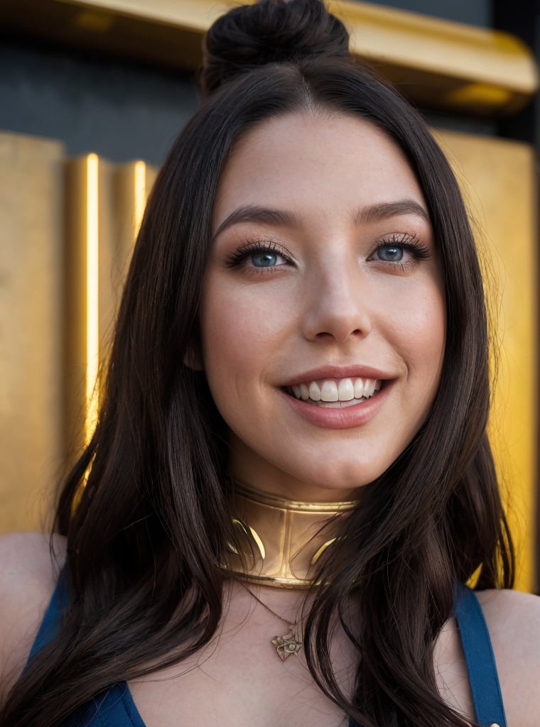 A young woman with flowing brown bobcut hair smiles brightly, standing before a towering yellow robot. Her X-men uniform outfit, adorned with a red utility belt, The robot’s complex design like decepticon features shades of blue, red, and metallic gray, with blue eyes illuminating its face, suggesting a lively exhibition backdrop. The scene exudes a vibrant, futuristic energy. EOS 5D Canon Mark IV captures the scene's electric fusion of futurism and vibrant colors.
 AJ, (AJ Applegate), a Baroque-inspired Harajuku Lolita, The camera captures a stunning 18-year-old mixed Japanese and Russian beauty, standing tall at 1.7m, with luscious long hair and mesmerizing eyes showcasing blue lenses. Her charming grin flashes her pearly whites as she sings on stage, her tattooed body glistening in the warm golden hour light (s750). The Leica camera, set to 35mm, ISO 100, soft-focus, and hyperdetailed, captures every detail of her smooth, unblemished skin. 