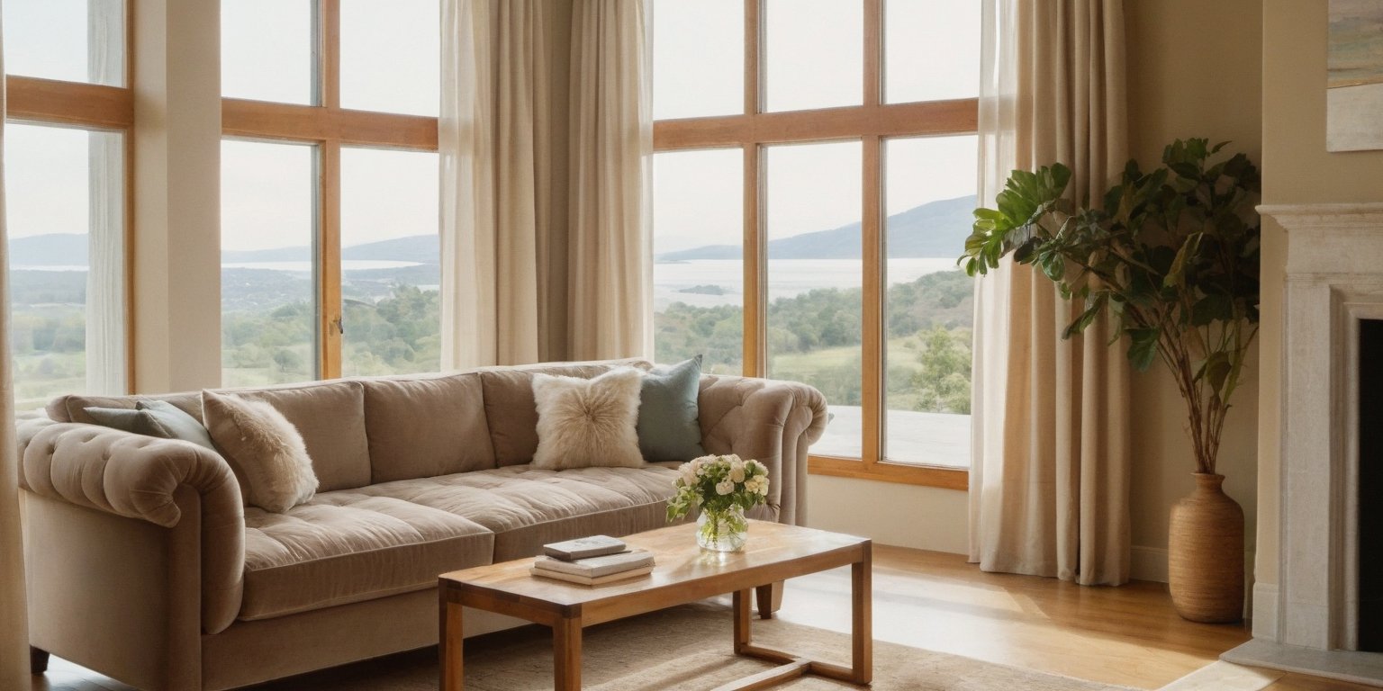 A serene indoor scene: a plush couch and chair sit beside a wooden table, with a watermarked vase resting on the latter. A majestic window dominates the wall, its sunlight-drenched sill adorned with soft, flowing curtains. In the distance, scenic views unfold through the glass, creating a warm and inviting atmosphere, perfect for relaxation.