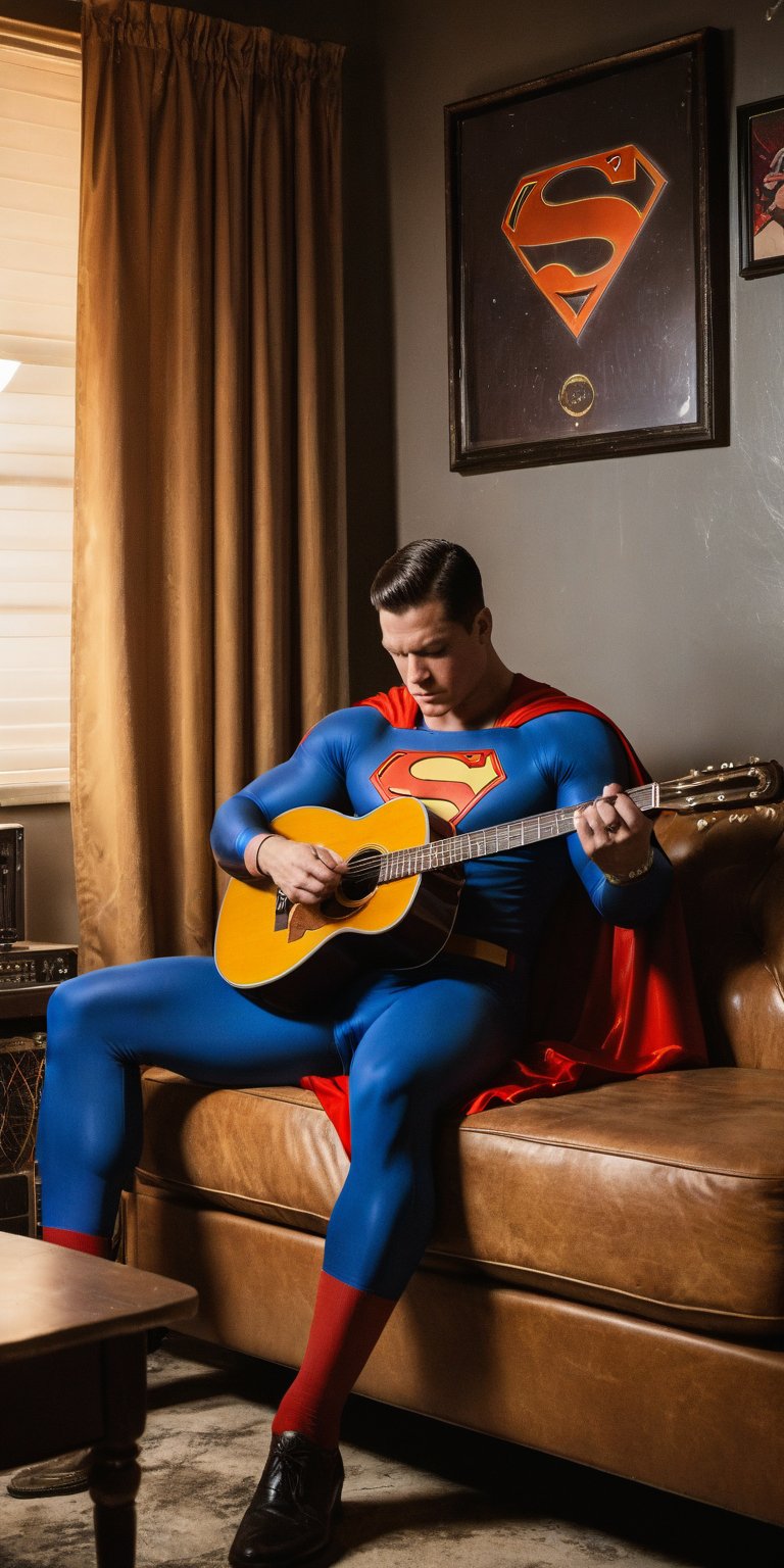 Vintage-lit studio bathed in soft glow, Superman fingers deftly strumming guitar beside spinning vinyl disc, as catnip strains waft through air, complemented by sleek vaporizer hum. Framed by EOS 5D Canon Mark IV, his rockstar persona shines. John Cena lounges on vintage sofa, draped in cape, warm studio lights casting a surreal blend of wrestling, music, and heroism.
