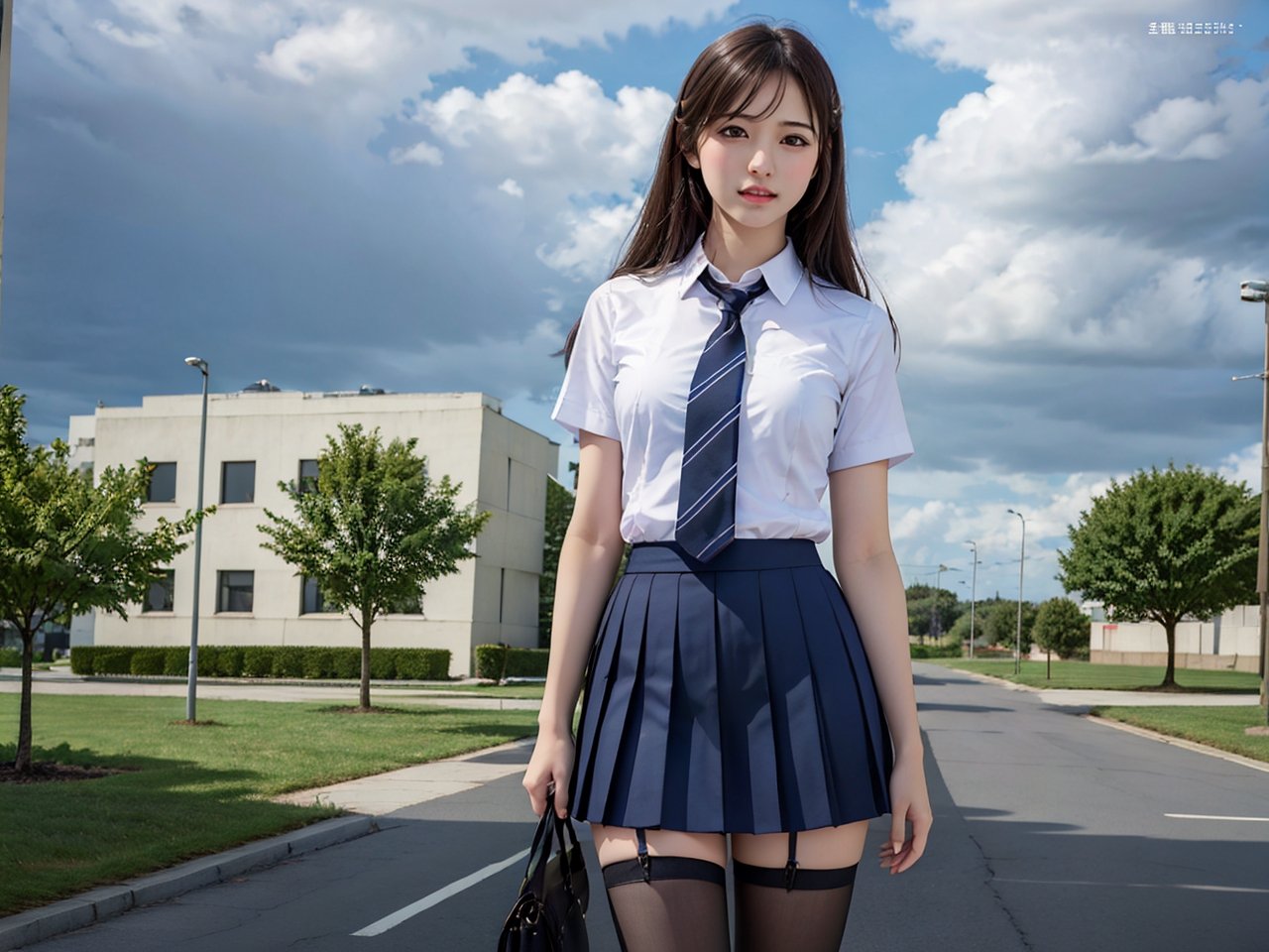 (best quality,masterpiece:1.2),ultra detailed,(photo realistic:1.4),high_school_girl,rainbowsky_background, heels , stockings, skirt