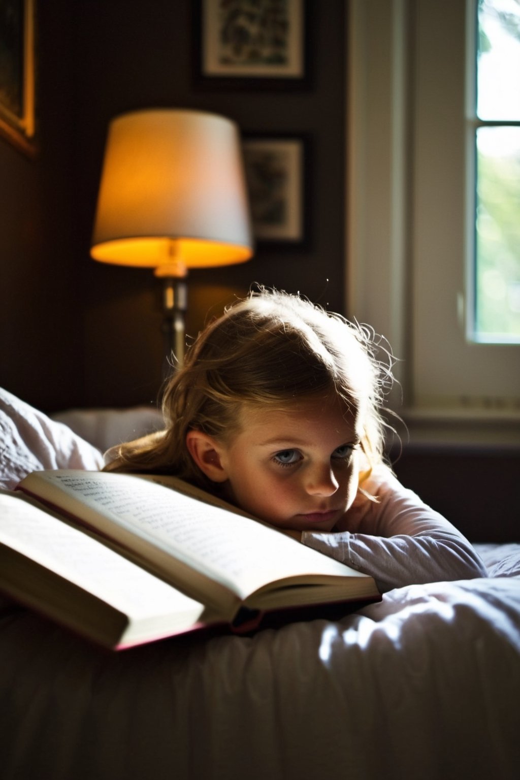 Young girl, expressive eyes, curled up reading in her bedroom, BREAK cozy bedroom, well-loved toys, scattered books, softly glowing night lamp, BREAK Comforting, engrossing, BREAK Digitally painted, whimsical and storybook-like, BREAK Warm ambient light, soft shadows, intimate close-up perspective, depth of field effect, BREAK Intricately detailed, high-resolution