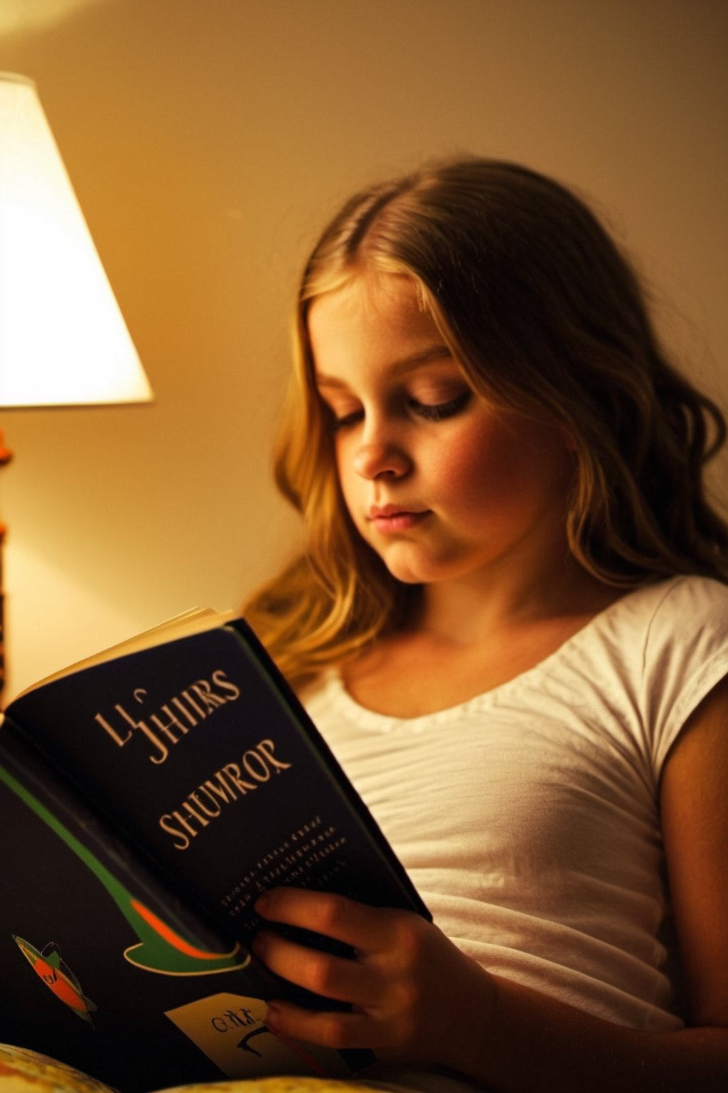 Young girl, huge breast, expressive eyes, curled up reading in her bedroom, BREAK cozy bedroom, well-loved toys, scattered books, softly glowing night lamp, BREAK Comforting, engrossing, BREAK Digitally painted, whimsical and storybook-like, BREAK Warm ambient light, soft shadows, intimate close-up perspective, depth of field effect, BREAK Intricately detailed, high-resolution