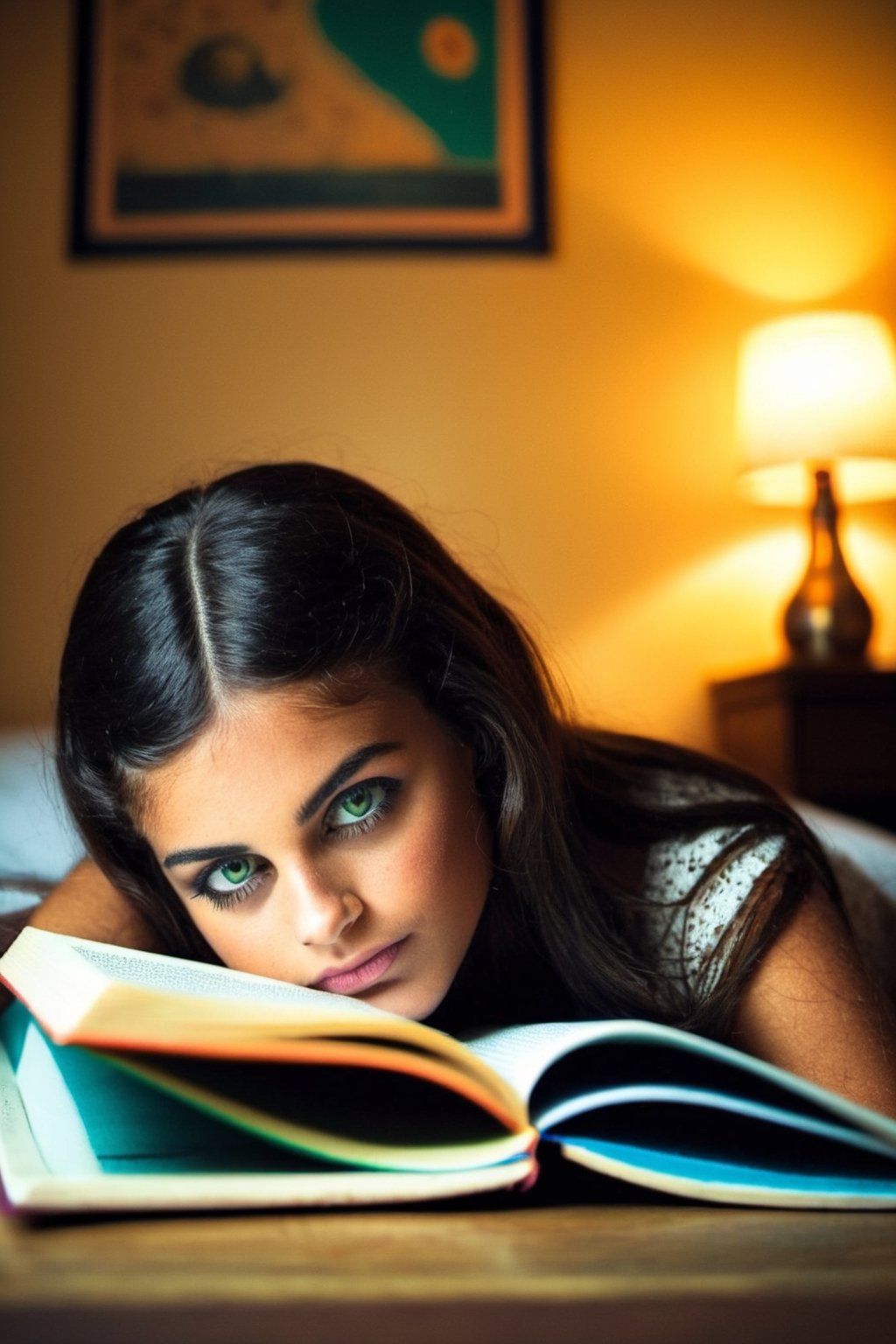 Young girl, huge breast, expressive eyes, curled up reading in her bedroom, BREAK cozy bedroom, well-loved toys, scattered books, softly glowing night lamp, BREAK Comforting, engrossing, BREAK Digitally painted, whimsical and storybook-like, BREAK Warm ambient light, soft shadows, intimate close-up perspective, depth of field effect, BREAK Intricately detailed, high-resolution