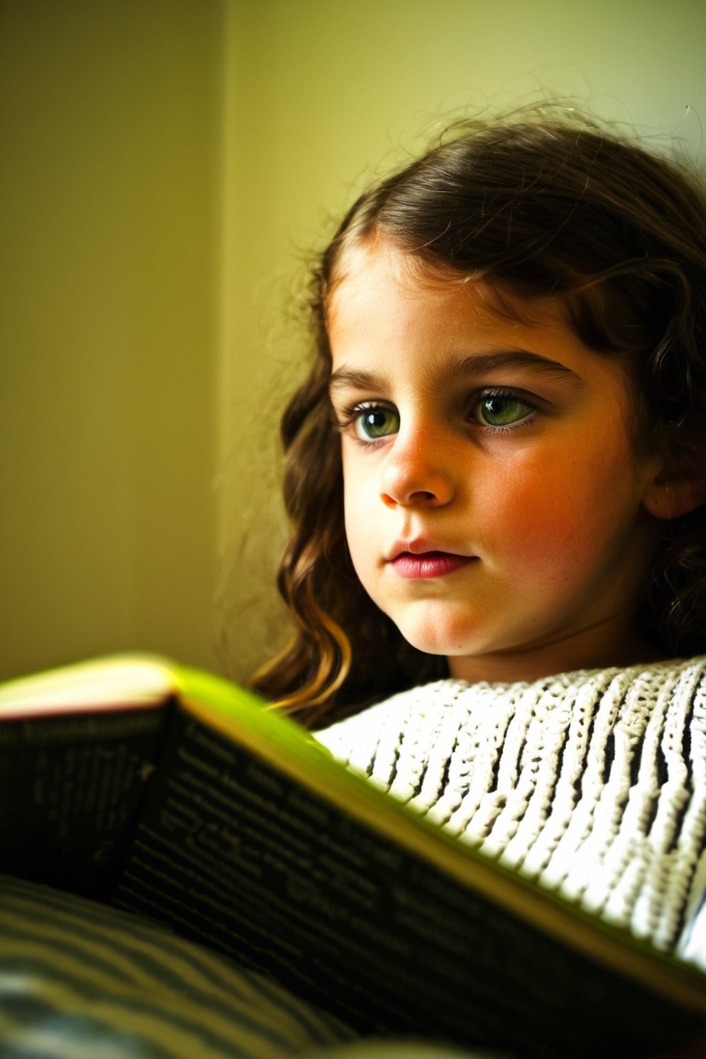 Young girl, expressive eyes, curled up reading in her bedroom, BREAK cozy bedroom, well-loved toys, scattered books, softly glowing night lamp, BREAK Comforting, engrossing, BREAK Digitally painted, whimsical and storybook-like, BREAK Warm ambient light, soft shadows, intimate close-up perspective, depth of field effect, BREAK Intricately detailed, high-resolution