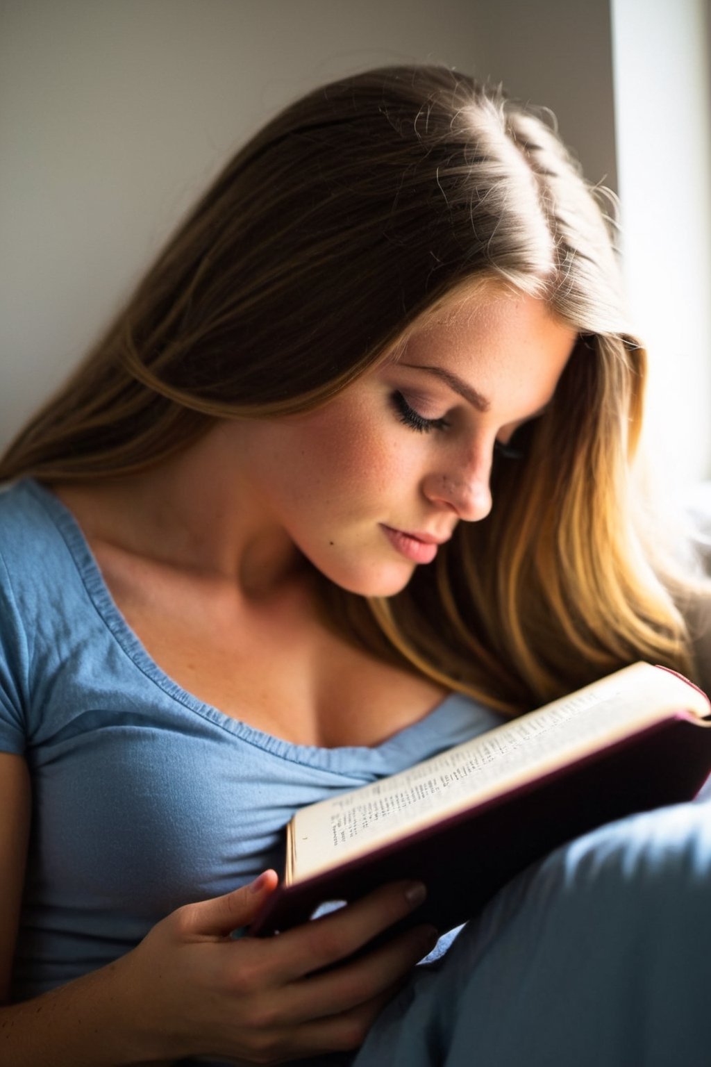 Young girl, huge breast, expressive eyes, curled up reading in her bedroom, BREAK cozy bedroom, well-loved toys, scattered books, softly glowing night lamp, BREAK Comforting, engrossing, BREAK Digitally painted, whimsical and storybook-like, BREAK Warm ambient light, soft shadows, intimate close-up perspective, depth of field effect, BREAK Intricately detailed, high-resolution