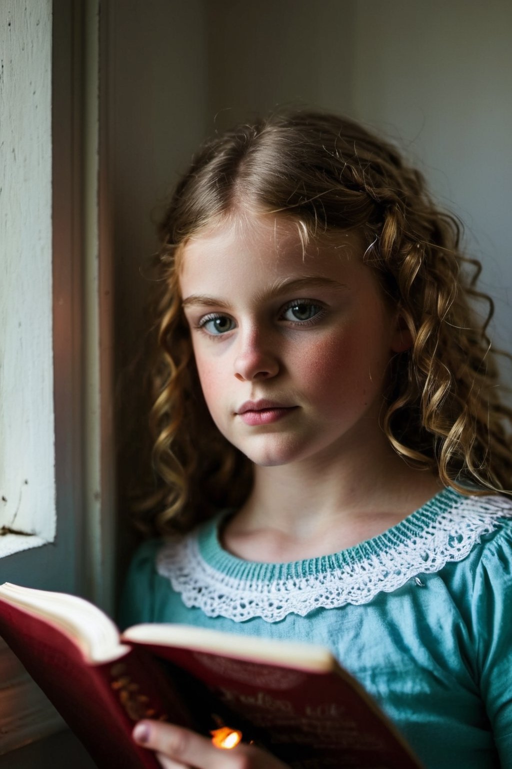 Young girl, huge breast, expressive eyes, curled up reading in her bedroom, BREAK cozy bedroom, well-loved toys, scattered books, softly glowing night lamp, BREAK Comforting, engrossing, BREAK Digitally painted, whimsical and storybook-like, BREAK Warm ambient light, soft shadows, intimate close-up perspective, depth of field effect, BREAK Intricately detailed, high-resolution