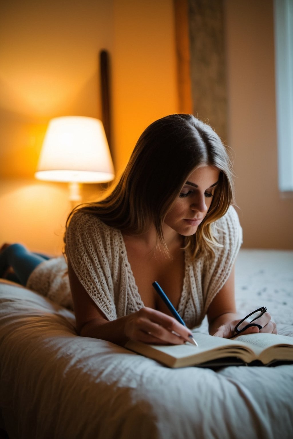 Young girl, huge breast, expressive eyes, curled up reading in her bedroom, BREAK cozy bedroom, well-loved toys, scattered books, softly glowing night lamp, BREAK Comforting, engrossing, BREAK Digitally painted, whimsical and storybook-like, BREAK Warm ambient light, soft shadows, intimate close-up perspective, depth of field effect, BREAK Intricately detailed, high-resolution