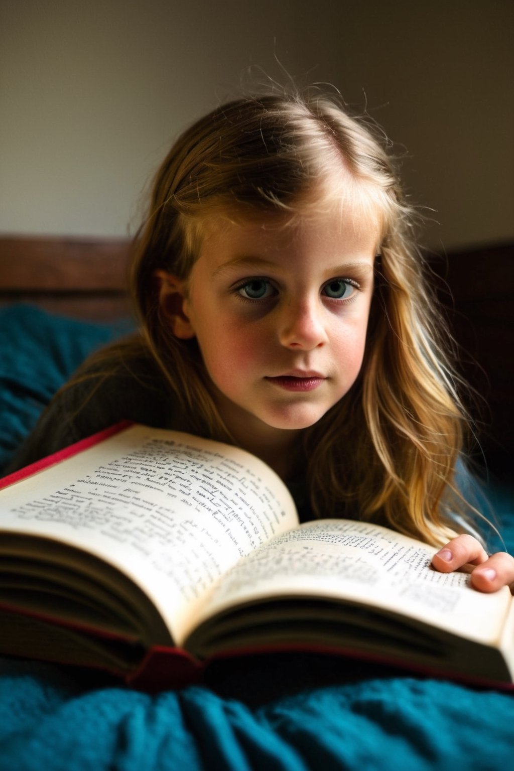 Young girl, expressive eyes, curled up reading in her bedroom, BREAK cozy bedroom, well-loved toys, scattered books, softly glowing night lamp, BREAK Comforting, engrossing, BREAK Digitally painted, whimsical and storybook-like, BREAK Warm ambient light, soft shadows, intimate close-up perspective, depth of field effect, BREAK Intricately detailed, high-resolution