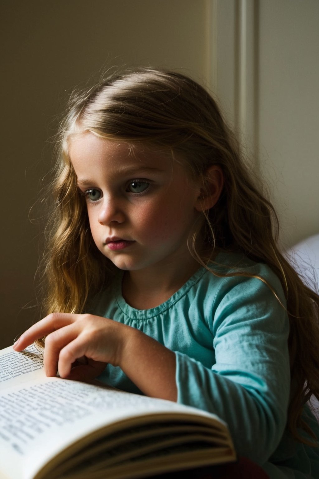 Young girl, expressive eyes, curled up reading in her bedroom, BREAK cozy bedroom, well-loved toys, scattered books, softly glowing night lamp, BREAK Comforting, engrossing, BREAK Digitally painted, whimsical and storybook-like, BREAK Warm ambient light, soft shadows, intimate close-up perspective, depth of field effect, BREAK Intricately detailed, high-resolution