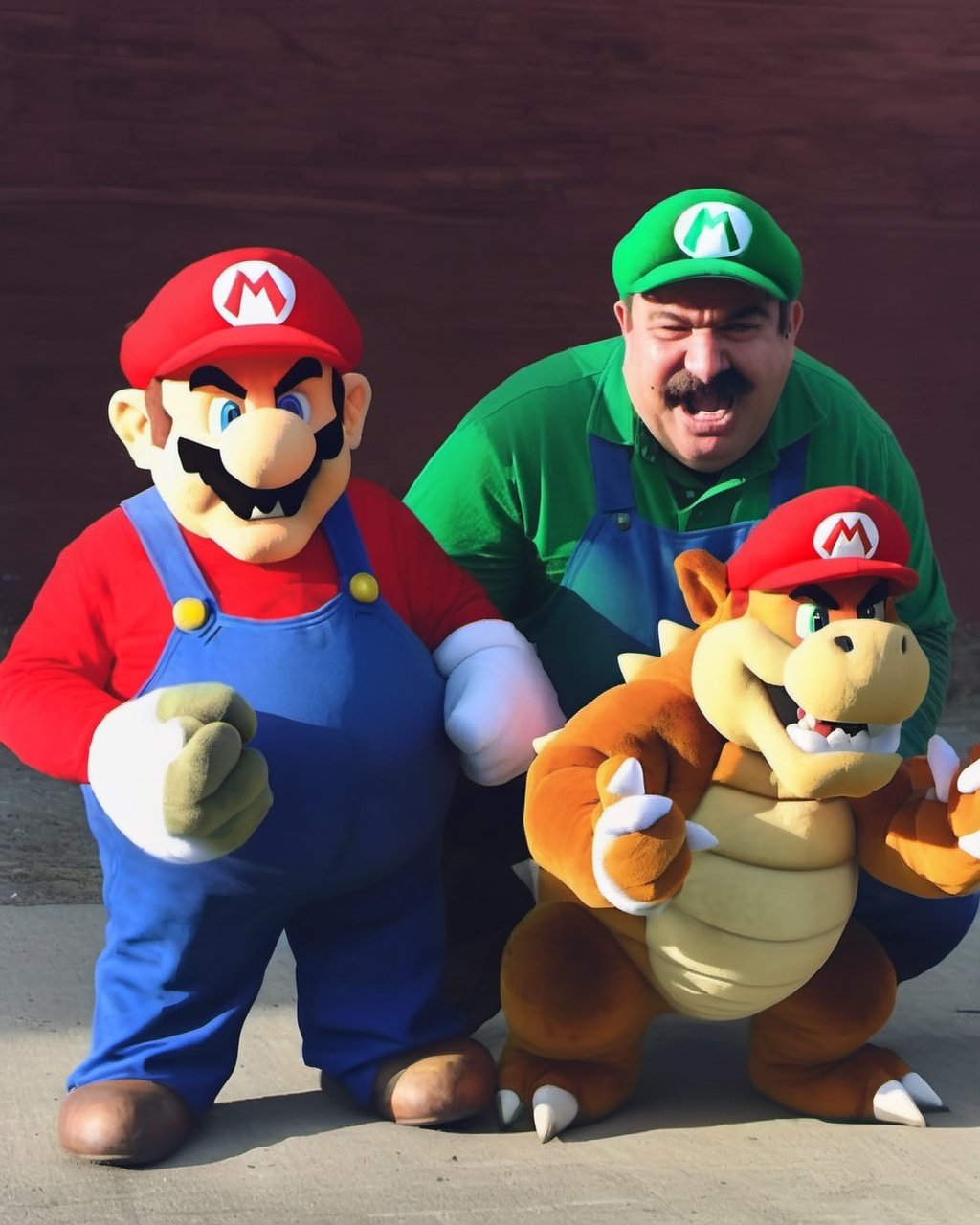 photo portrait of Mario and Luigi vs Bowser in real life, real