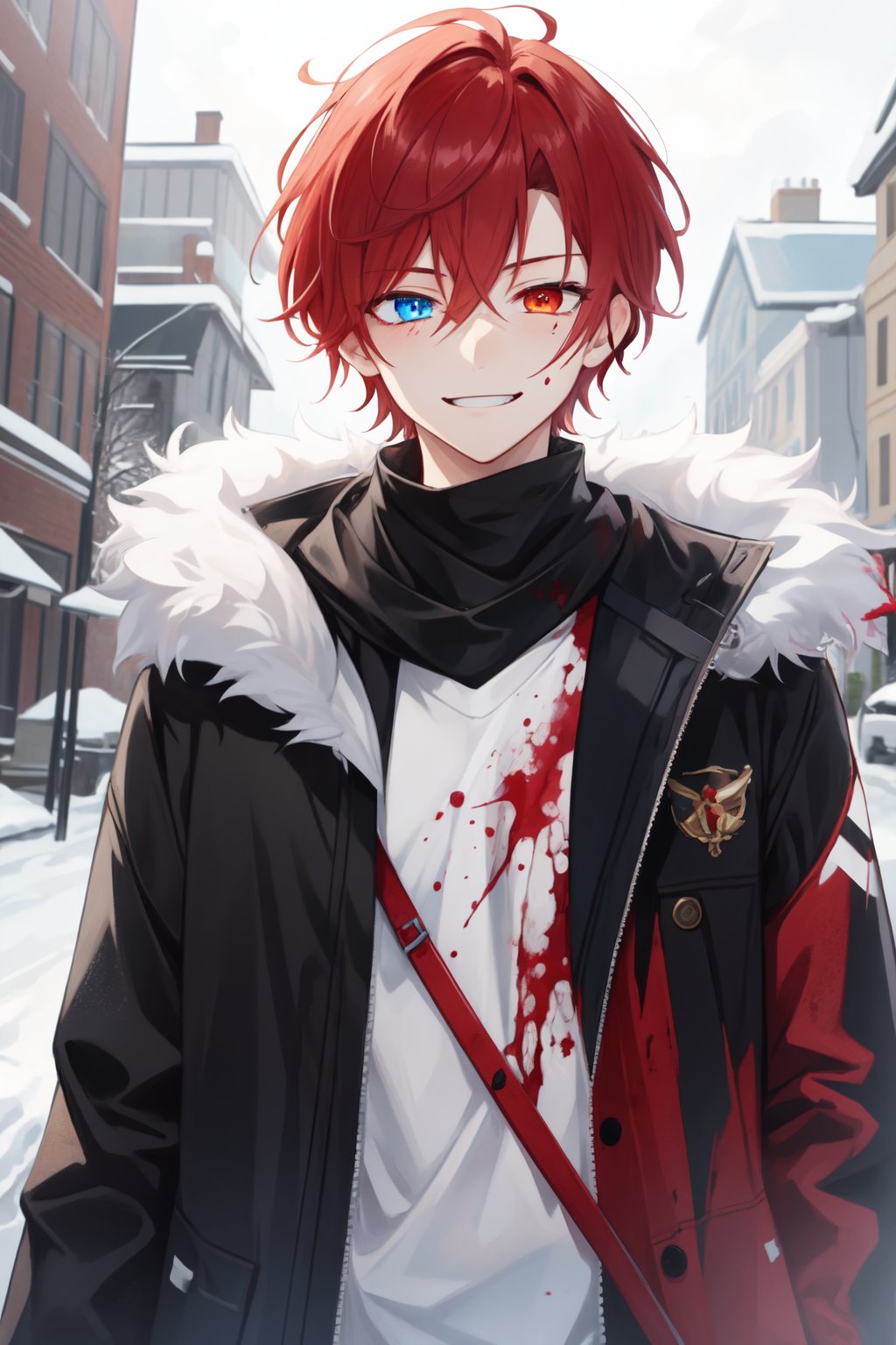 Masterpiece, high_resolution, 1boy, red_hair, short_hair, young_human, red_eyes, amber_eyes, heterochromia, winter, storm, russian clothes, upper_body, evil_smile, blood, horror