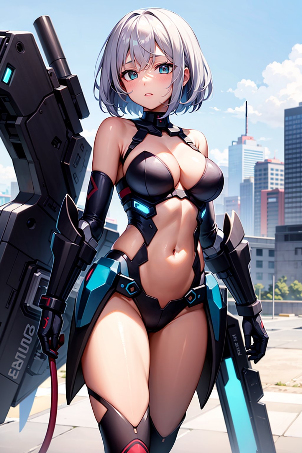 Masterpiece,1 girl, young short white hair, teal eyes, mecha_musume, bob_cut, 