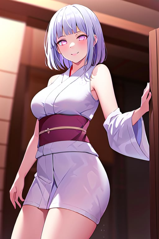 hinata, hyuuga_hinata, 1girl, bangs, (white_hair), blunt_bangs, red_eyes, sleeveless, highres, hime_cut, looking_at_viewer, evil_smile, short-hair, medium_breasts, kimono, from_below