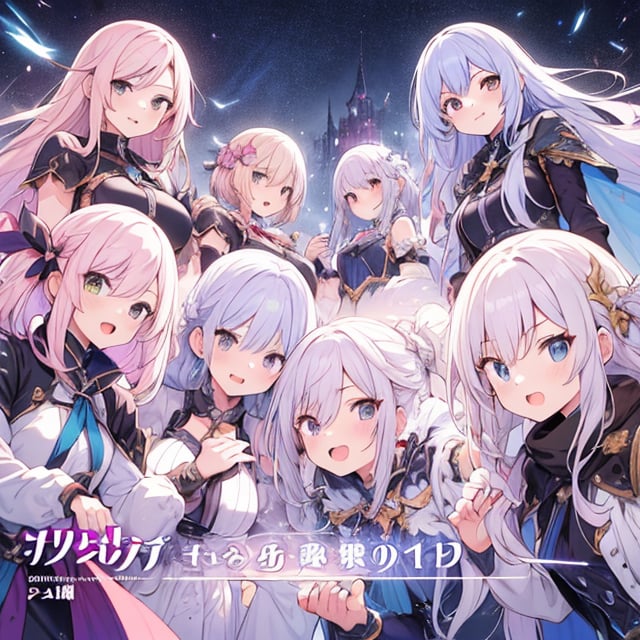 8+ girls, multiple colored hairs, fantasy clothes, pc game heroines, game op, anime op, opening title, title call, super disgust glaring, smug, open mouth, slant eyes, group shot, zoom camera, negative posing, from below
