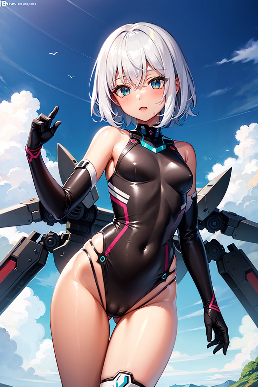 Masterpiece,1 girl, young short white hair, teal eyes, mecha_musume, bob_cut, ((brown skin))