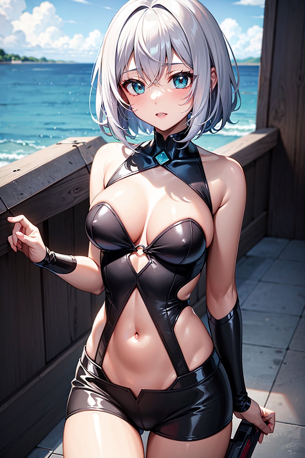 Masterpiece,1 girl, young short white hair, teal eyes, mecha_musume, bob_cut, 