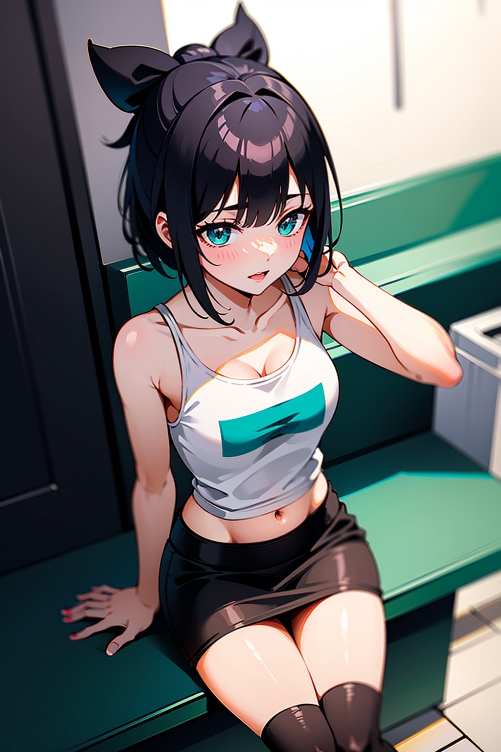 Masterpiece,1 girl, young short black hair, teal eyes, low-cut casual clothing, mini_skirt, mecha_musume