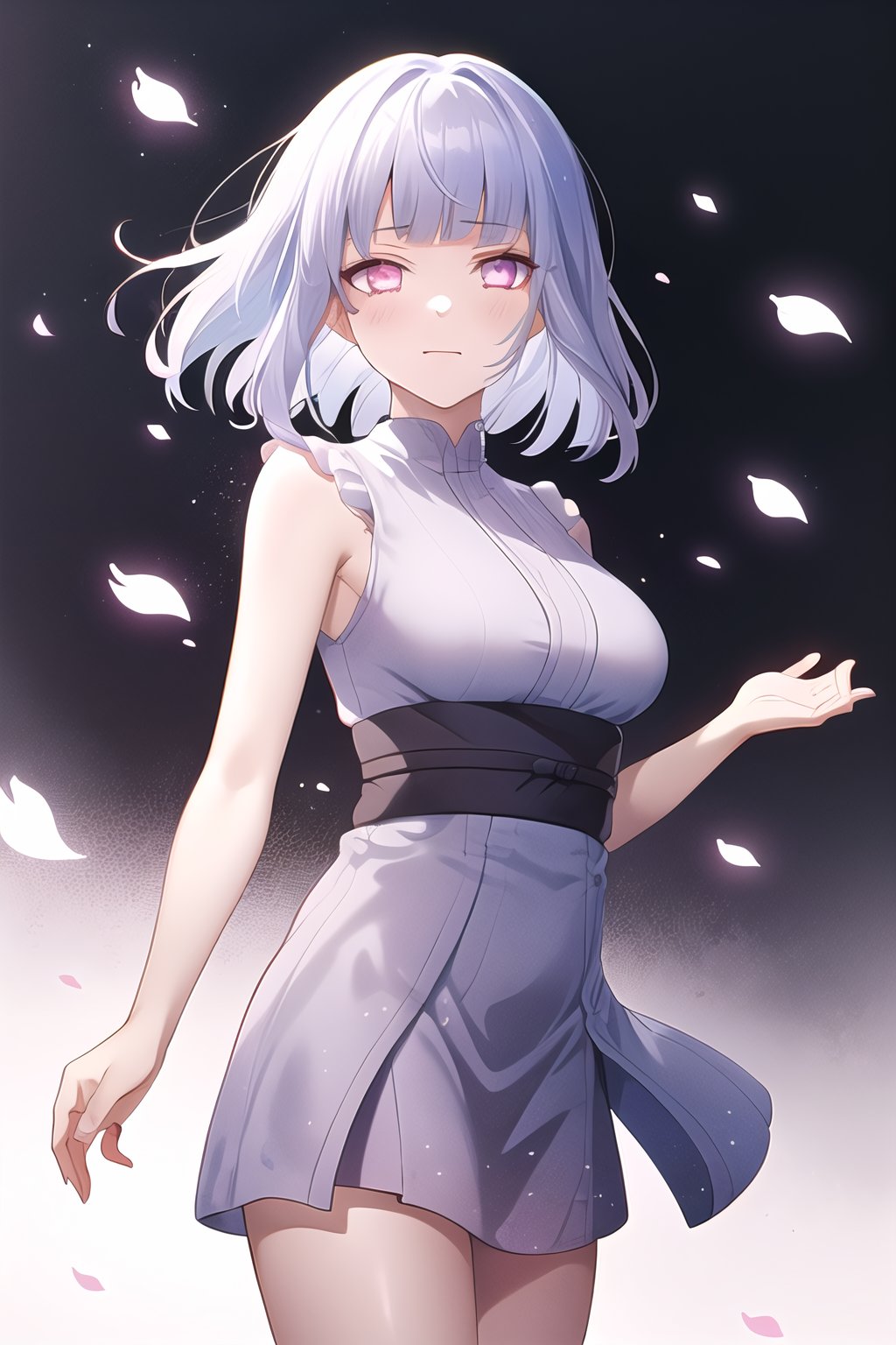 hinata, hyuuga_hinata, 1girl, bangs, (white_hair), blunt_bangs, red_eyes, sleeveless, highres, hime_cut, looking_at_viewer, petals, :), short-hair, medium_breasts, kunoichi