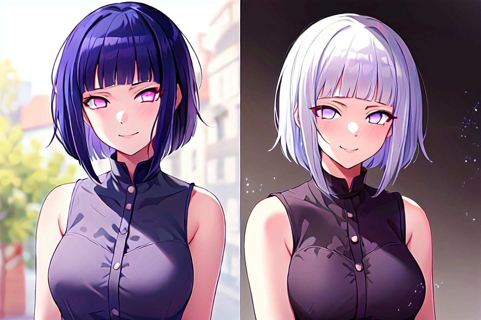 hinata, hyuuga_hinata, 1girl, bangs, (white_hair), blunt_bangs, red_eyes, sleeveless, highres, hime_cut, looking_at_viewer, evil_smile, short-hair, medium_breasts, dual_persona