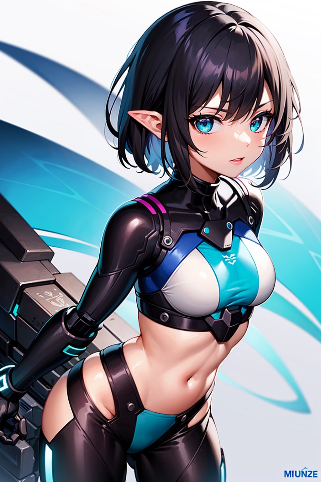 Masterpiece,1 girl, young short black hair, teal eyes, mecha_musume, bob_cut,