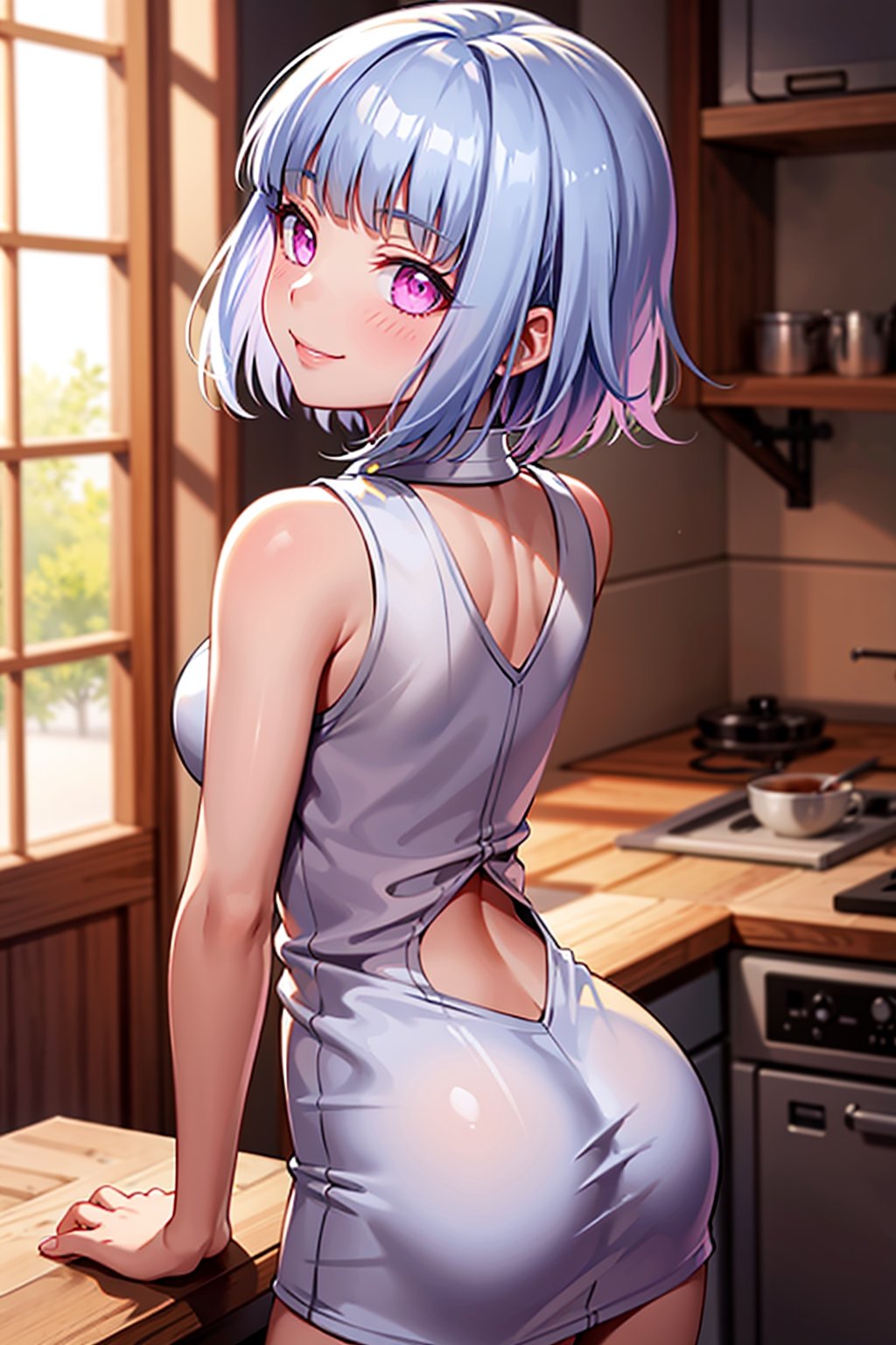 Masterpiece, 1 girl, ((short white hair)), pink eyes, wearing a sleeveless kimono, confident smile,hinata, loli, back view, innocent smile