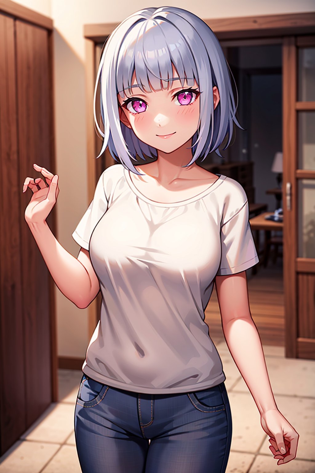 Masterpiece, Masterpiece, 1 girl, ((short white hair)), pink eyes, wearing casual clothes, confident smile, hinata, loli, innocent smile,hinata