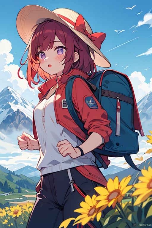 extremely detailed CG, 4K, ultra-detailed, beautiful detailed face and eyes,detailed face skin, cinematic lighting, (perfect anatomy:1.3),cute illustration,cute illustration, high-res, ultra-detailed, beautiful detailed eyes,1girl,solo, small breasts, purple eyes, blush, bow, red hair. medium hair, mountaineering hat,climbing clothes,windbreaker, carrying a backpack,alpine flowers, trail, mountain, cloud, blue sky,perfect lighting,