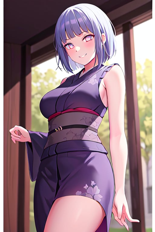 hinata, hyuuga_hinata, 1girl, bangs, (white_hair), blunt_bangs, red_eyes, sleeveless, highres, hime_cut, looking_at_viewer, evil_smile, short-hair, medium_breasts, kimono, from_below