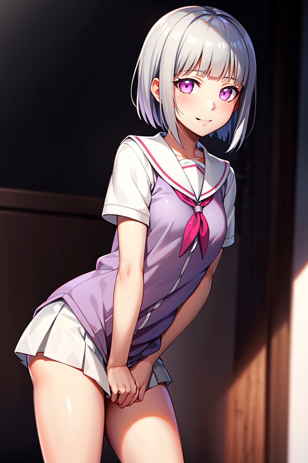 Masterpiece, Masterpiece, 1 girl, ((short white hair)), pink eyes, seifuku, hinata, loli, innocent smile, hinata, small_breasts, 