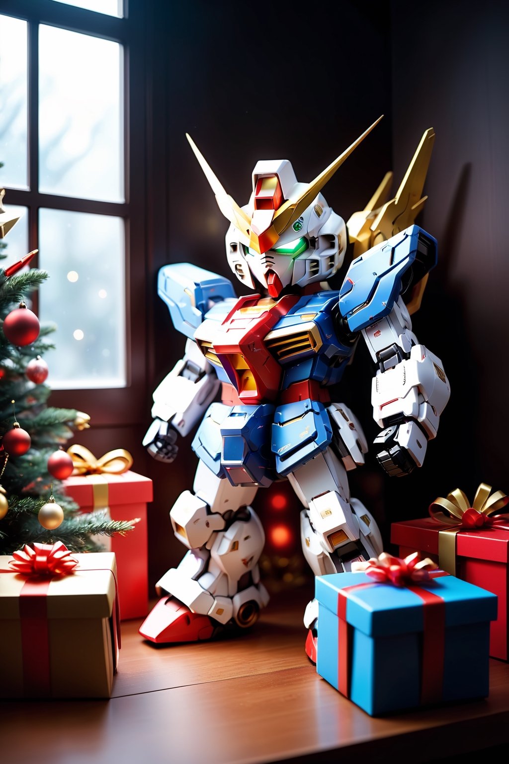 (A nostalgic and immersive scene of a well-lit room, with a wooden table taking center stage and xmas tree). (((Gundam with a combination of other Gundam parts:1.4))),(Has varied and cool color combinations:1.4),((bandai gunpla toy:1.4)),((Installed with the completed equipment:1.4)),( are cool posed on the table, radiating an aura of coolness and excitement). (Their plastic surfaces catch the warm light, casting a glow around the room). (In the foreground, several freshly opened Xmas gift boxes and their corresponding gift tags lie scattered on the table, hinting at recent gift-giving or a special occasion). (Miniature Gundam toys are seen peeking out from these gift boxes, adding a playful touch to the image). (The background is adorned with various posters and collectibles, showcasing the enduring popularity of the Gundam franchise). (The walls are profesional painted a deep color, complementing the overall theme of the room and creating a cozy atmosphere for the viewer). (The air of nostalgia is palpable as the viewer takes in the array of Gundam toys and their packaging, evoking fond memories of childhood or a desire to relive the experience).(bandai official:1.4), (((intricate details:1.4))), (((high Gundam details:1.4))), (soft focus, depth of field,8k photo, HDR, professional lighting, taken with Canon EOS R5,),chibi gundam