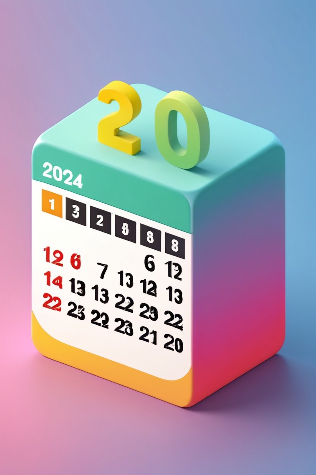 (2024 calendar), 3D isometric render of cute (2024 calendar), 3D app icon, clean isometric design, beautiful design, soft gradient background, soft colors, centered, 3D blender render, masterpiece, best quality, high resolution, 8k octane render, beautiful color scheme, soft smooth lighting, physically based rendering, square image, high polycount, natural beauty