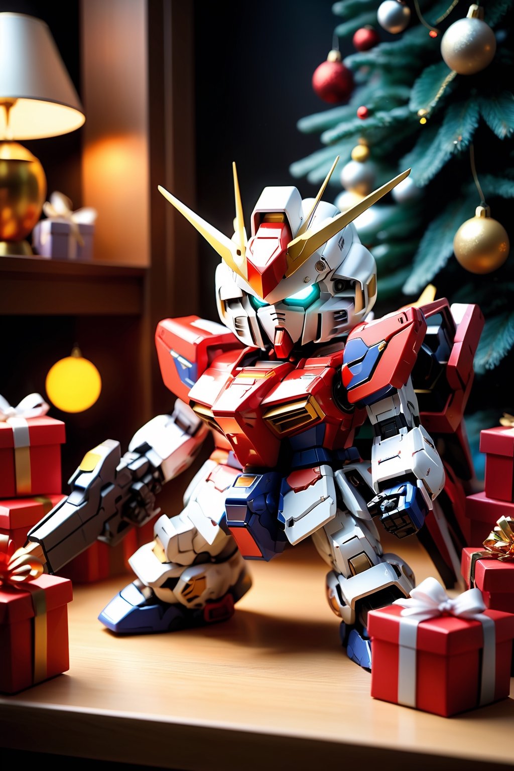 (A nostalgic and immersive scene of a well-lit room, with a wooden table taking center stage and xmas tree). (((Gundam with a combination of other Gundam parts:1.4))),(Has varied and cool color combinations:1.4),((bandai gunpla toy:1.4)),((Installed with the completed equipment:1.4)),( are cool posed on the table, radiating an aura of coolness and excitement). (Their plastic surfaces catch the warm light, casting a glow around the room). (In the foreground, several freshly opened Xmas gift boxes and their corresponding gift tags lie scattered on the table, hinting at recent gift-giving or a special occasion). (Miniature Gundam toys are seen peeking out from these gift boxes, adding a playful touch to the image). (The background is adorned with various posters and collectibles, showcasing the enduring popularity of the Gundam franchise). (The walls are profesional painted a deep color, complementing the overall theme of the room and creating a cozy atmosphere for the viewer). (The air of nostalgia is palpable as the viewer takes in the array of Gundam toys and their packaging, evoking fond memories of childhood or a desire to relive the experience).(bandai official:1.4), (((intricate details:1.4))), (((high Gundam details:1.4))), (soft focus, depth of field,8k photo, HDR, professional lighting, taken with Canon EOS R5,),chibi gundam