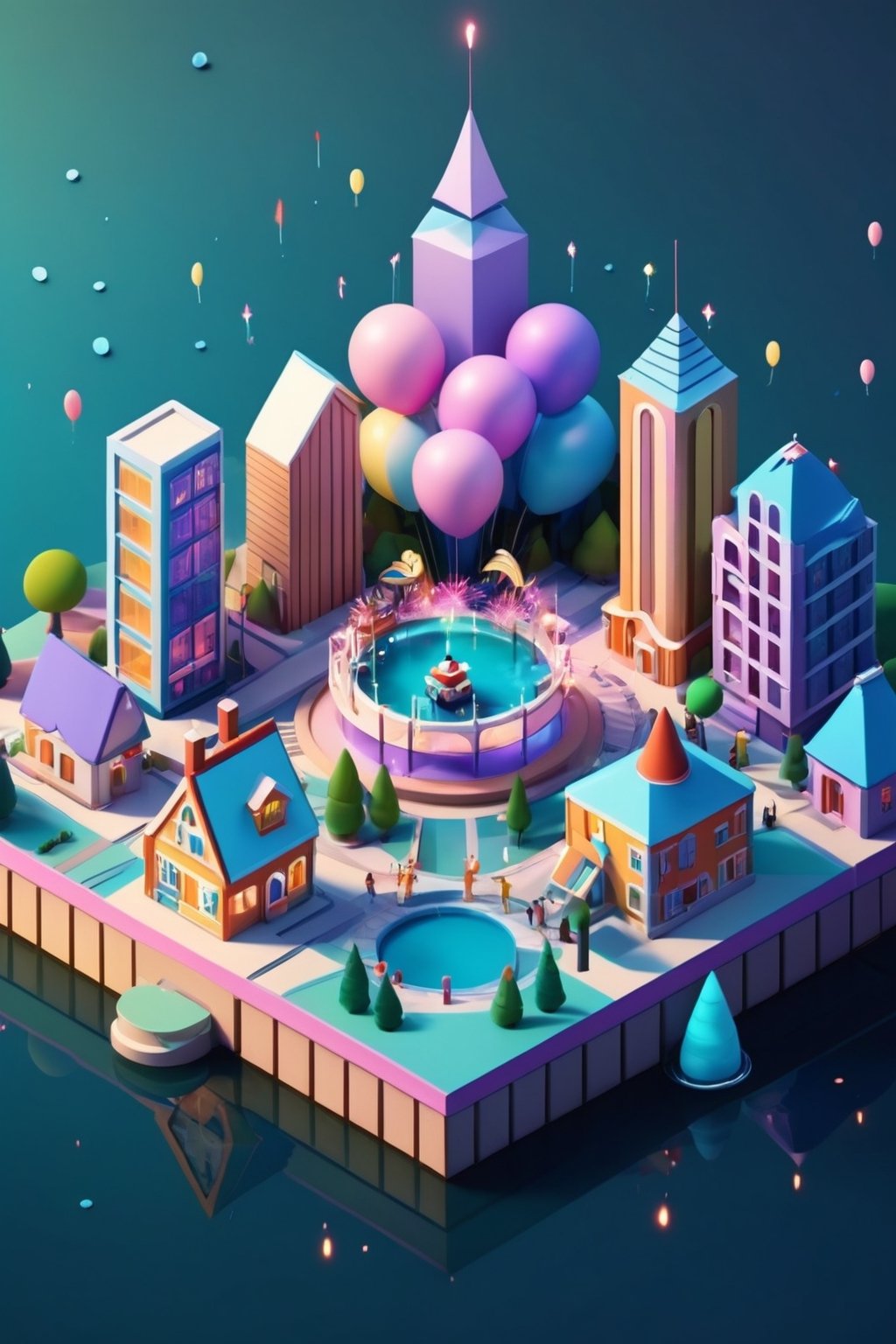 (3D isometric render of cute) ( city in middle lake with 2024 New year celebration, fireworks), (3D app icon, clean isometric design, beautiful design, soft gradient background, soft colors, centered, 3D blender render, masterpiece, best quality, high resolution, 8k octane render, beautiful color scheme, soft smooth lighting, physically based rendering, square image, aesthetics :1.4, intricate details:1.4, high polycount, natural beauty)