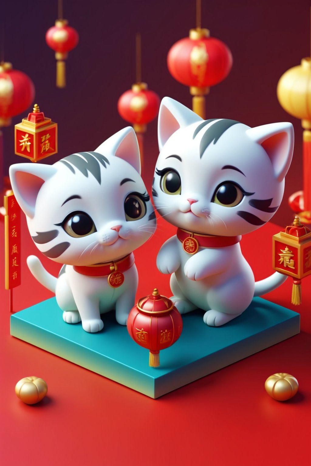 (3D isometric render of cute) ( Chinese kittens, lunar New year celebration, fireworks), (3D app icon, clean isometric design, beautiful design, soft gradient background, soft colors, centered, 3D blender render, masterpiece, best quality, high resolution, 8k octane render, beautiful color scheme, soft smooth lighting, physically based rendering, square image, aesthetics :1.4, intricate details:1.4, high polycount, natural beauty)