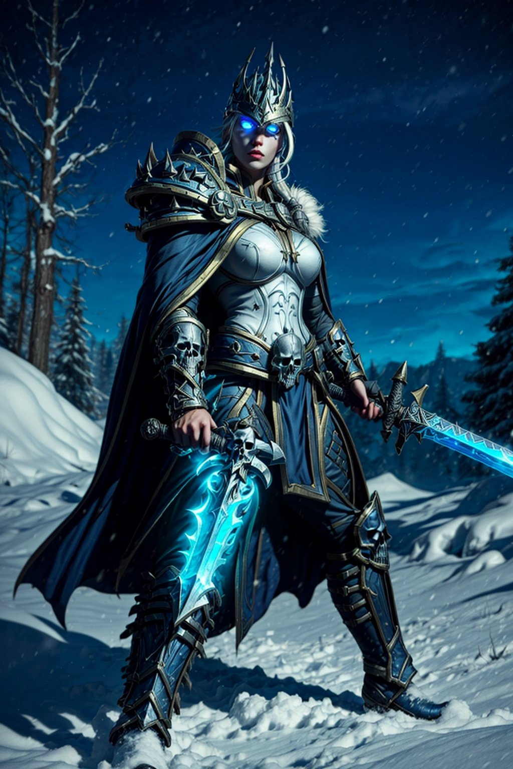 1girl, wowdk, white hair, glowing blue eyes, skull armor, cape, helmet, holding sword, glowing weapon, snow, ice, night, athletic, volumetric lighting, best quality, masterpiece, realistic,  
glowing eyes,JainaProudmoore,wowdk