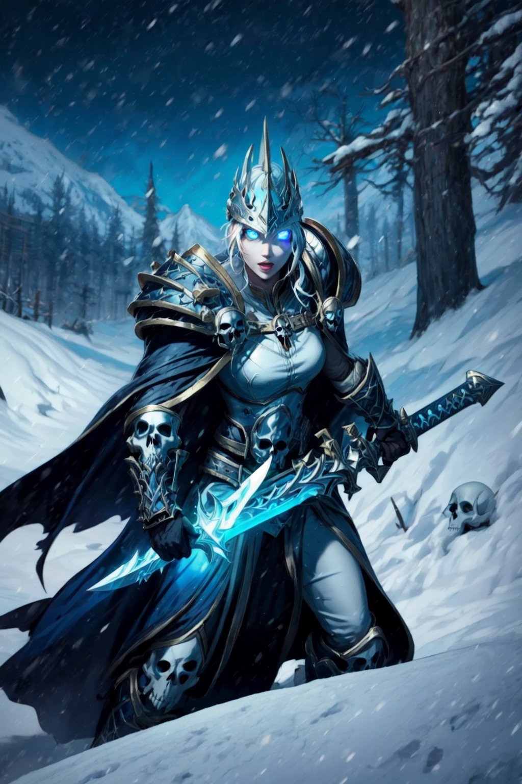 1girl, wowdk, white hair, glowing blue eyes, skull armor, cape, helmet, holding sword, glowing weapon, snow, ice, night, athletic, volumetric lighting, best quality, masterpiece, realistic,  
glowing eyes,JainaProudmoore,wowdk