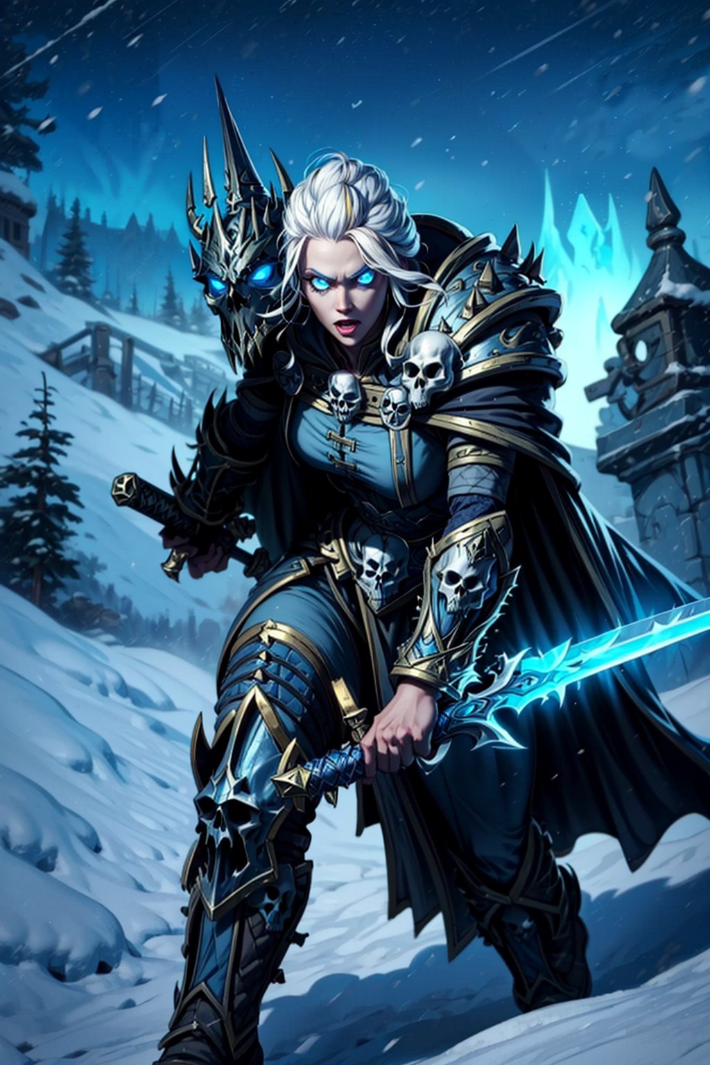 1girl, wowdk, white hair, glowing blue eyes, skull armor, cape, helmet, holding sword, glowing weapon, snow, ice, night, athletic, volumetric lighting, best quality, masterpiece, realistic,  
glowing eyes,JainaProudmoore,wowdk