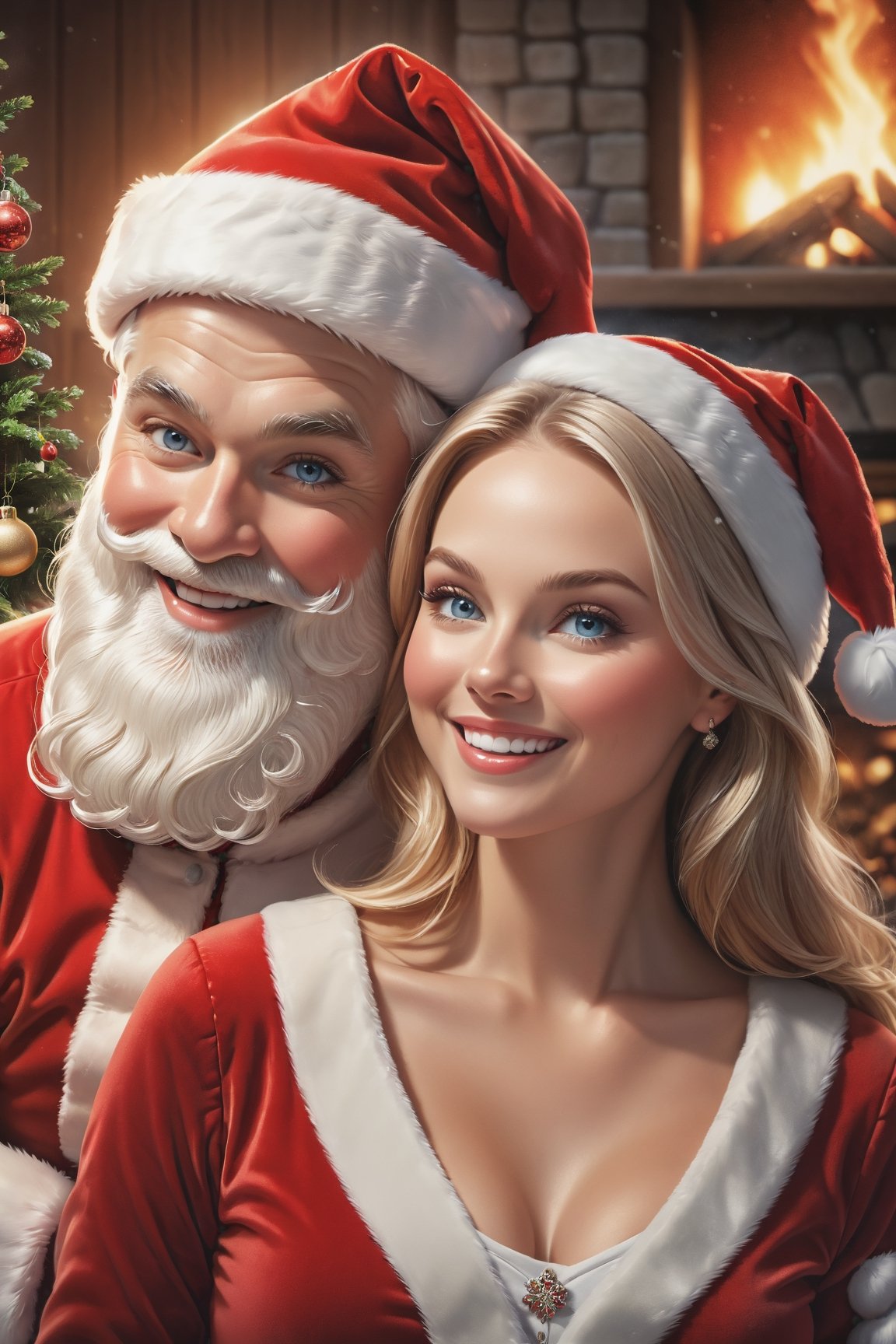 Illustration of ((Santa Claus) and (a gorgeous Nordic woman:1.3)), Realistic portrait, Amazing face and eyes, (Best Quality:1.4), (Ultra-detailed), (extremely detailed CG unified 8k wallpaper), Highly detailed, Christmas night, surrounded by warm light, smiling happily, Santa Claus brought many presents, white wallpaper, fireplace, Christmas, Christmas Ornaments, Christmas tree, the happiest time, highest image quality, highest resolution, depth of field,