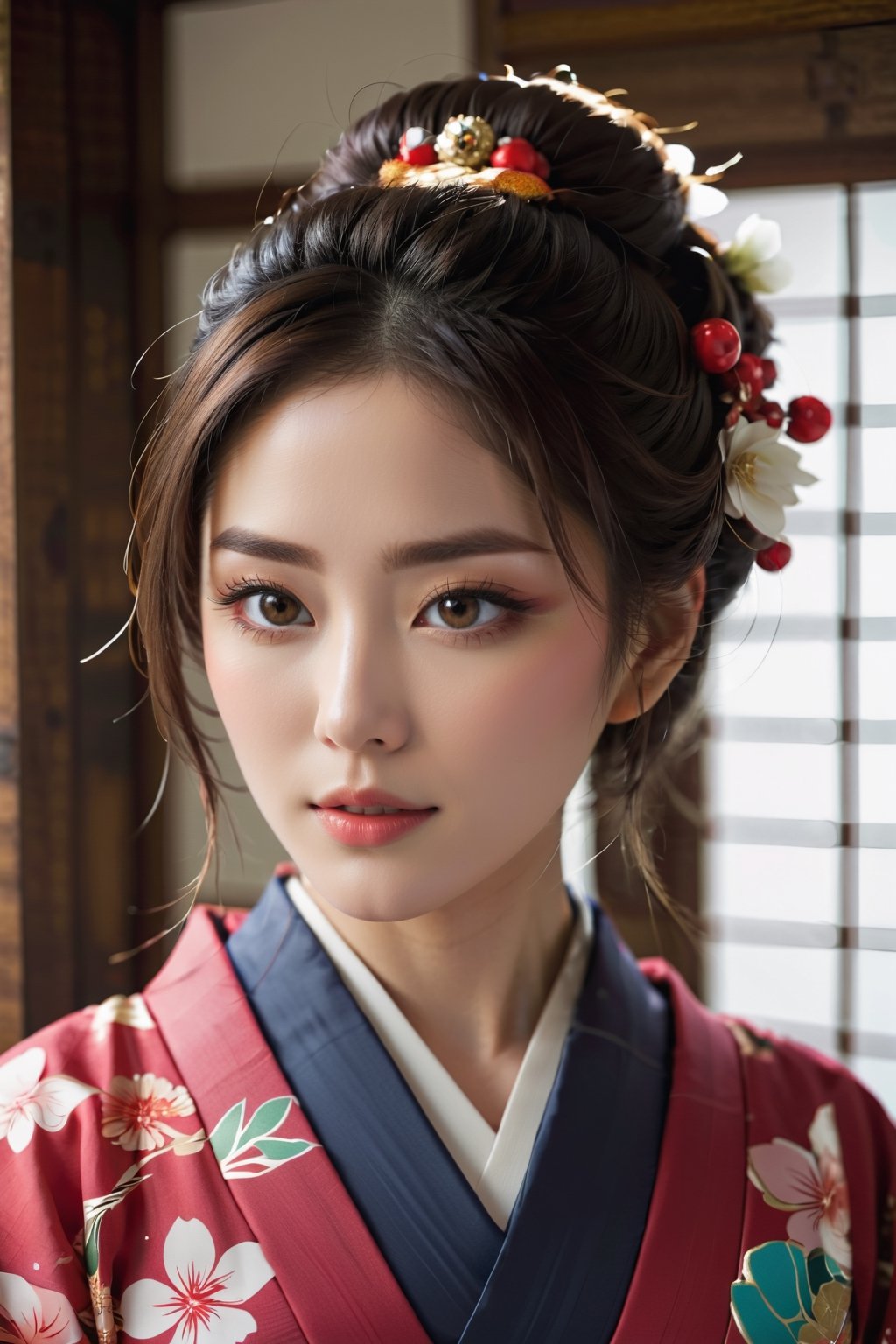 128k Female Models , Huge breasts, Eyes, ((Random Hair Styles)), High resolution , Upper body, No background, Studio Lightning , Beautiful Girl, Wearing kimono, Japan style, Sharaku,Portrait of a woman,her breasts visible.,It will be centered on the image, Some Japan effects and decorations scattered throughout the photo