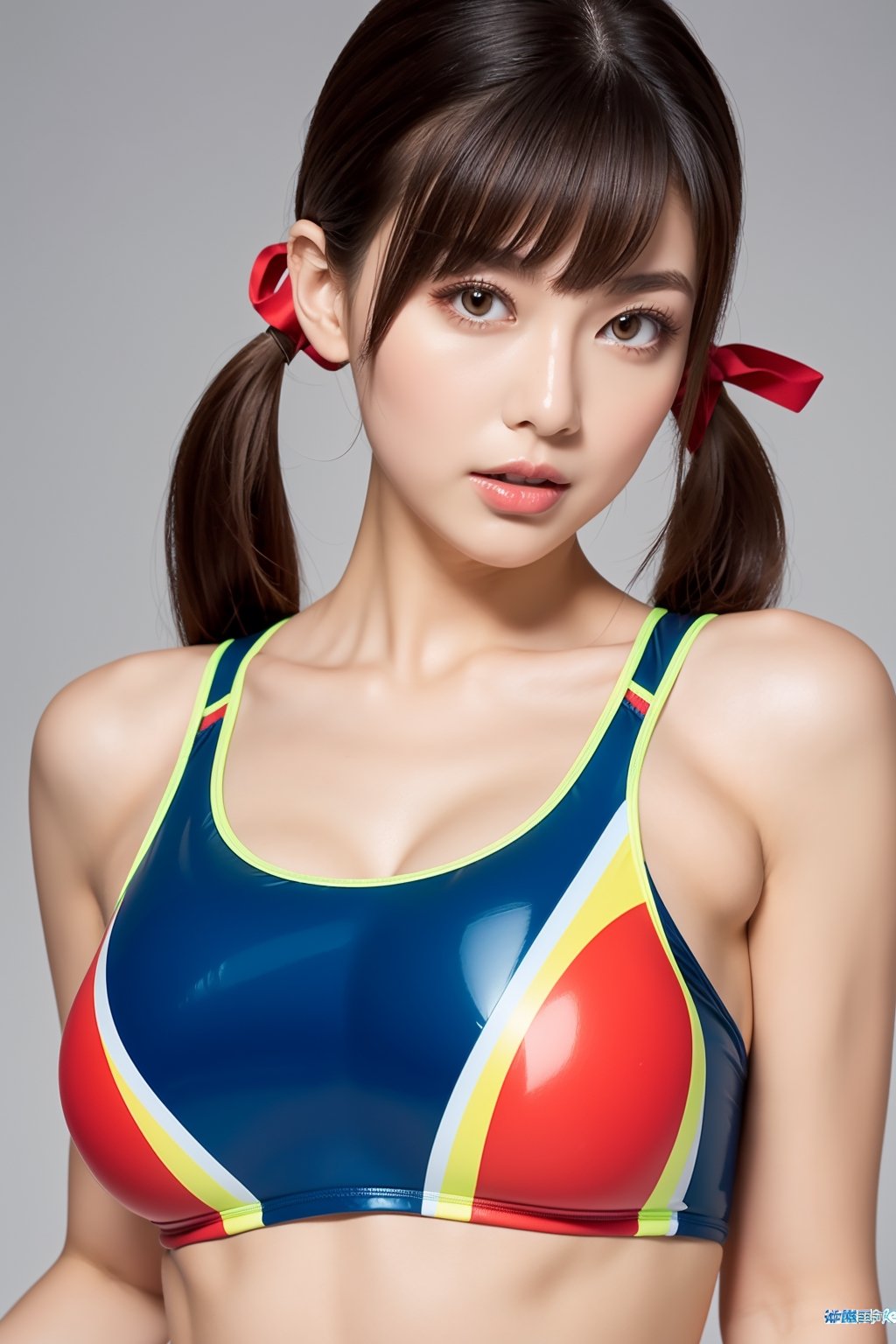 32k sexy female models , Huge breasts,  eyes, twintails nlack hair  High resolution , Upper body, No background, Studio Lightning , Wearing Multicolor pleated (red vivid school swimsuit) in bright tones　shiny grossy latex metalic (1 woman)

 Colossal breasts with elastic characters, 　The skin is young　
