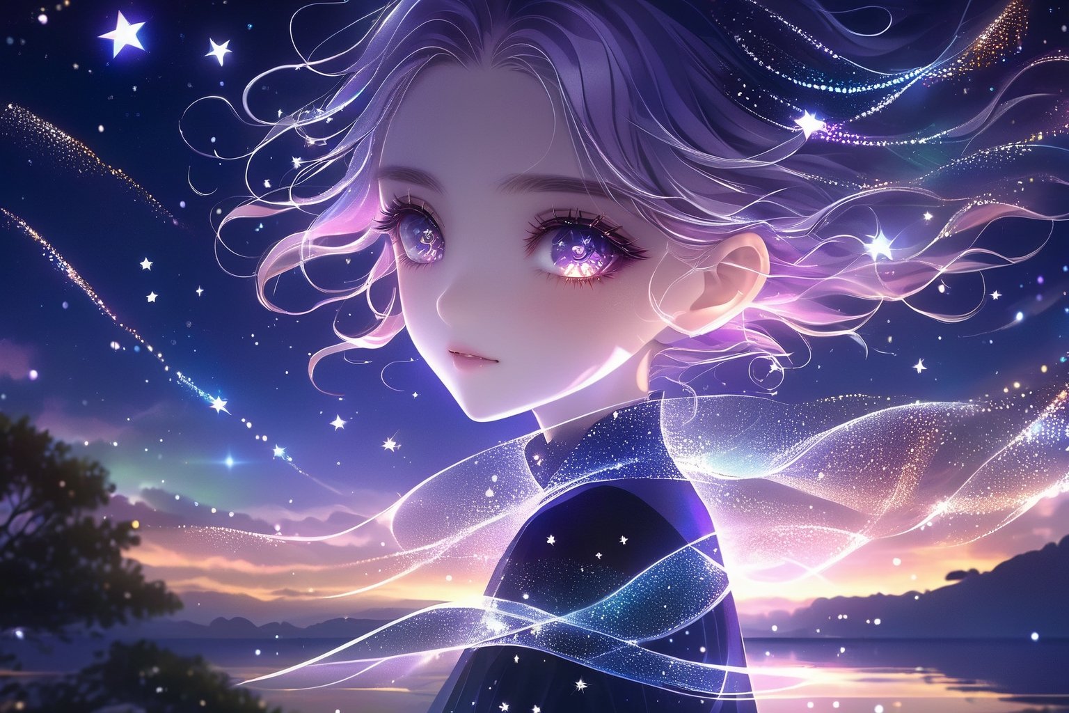 masterpiece, best quality, illustration, stars in the eyes,dishevelled hair,Starry sky adorns hair,1 girl,sparkling anime eyes,beautiful detailed eyes, beautiful detailed stars,blighting stars,emerging dark purple across with white hair,multicolored hair,beautiful detailed eyes,beautiful detailed sky, beautiful detailed water, cinematic lighting, dramatic angle,minimalist hologram