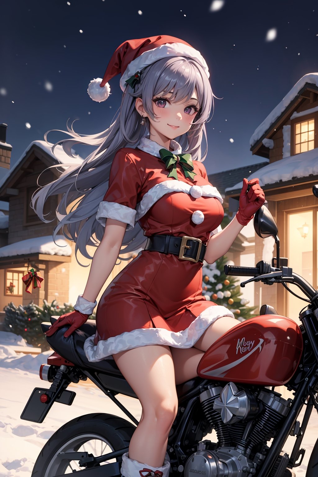 (absurdres, highres, ultra detailed, high resolution:1.1), 1girl, solo, kawaii, smile, medium breasts,  santa, red beret, red bow ribbon, red gloves, red dress, red boots, santa girl costume, christmas, holy night, christmas decorations, christmas night, snow falling, snowy scene, ((santa girl riding a motorcycle to hand out christmas presents)), nice hands, perfect hands, keqingdef