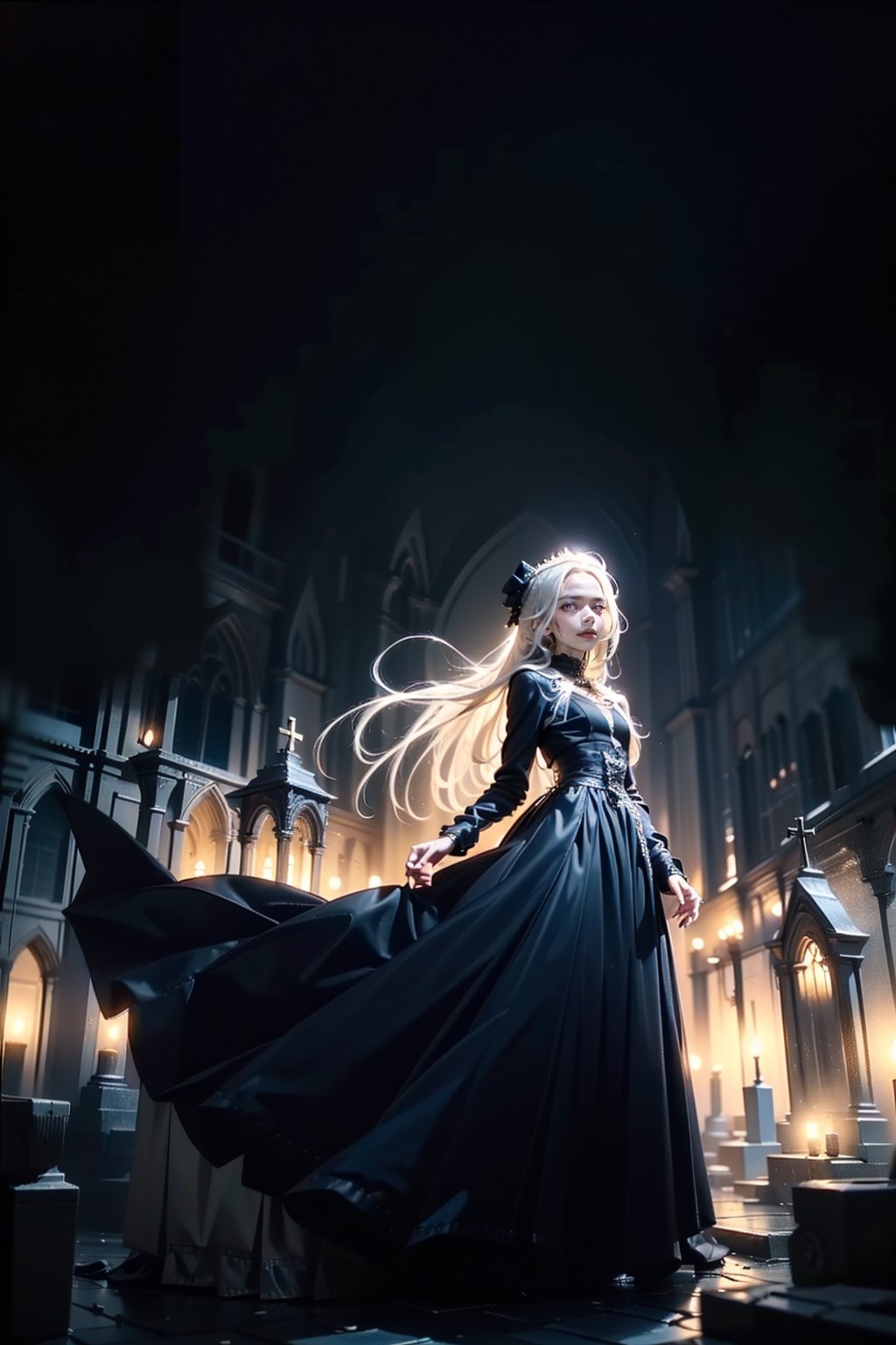 beautiful, film grain, 1girl, portrait of lolitagothic, long skirt, black dress, , ((best quality)), ((masterpiece)), ((realistic)), (detailed), dim light, bokeh, spookie night, blue fog, graveyard, cathedral,  orange light,lolitagothi,Nanaki Shinoda,horror