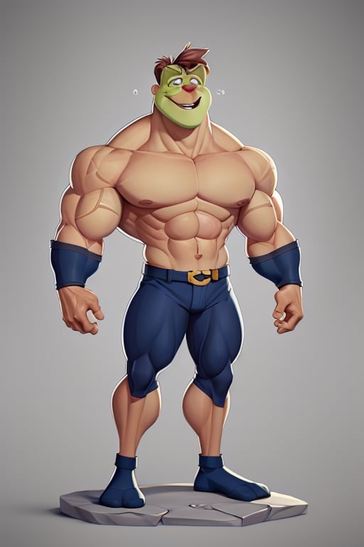 "Imagine a character named 'MuscleTeddy' who possesses an incredibly muscular physique akin to Dwayne 'The Rock' Johnson, but with an incredibly cute and endearing facial expression, similar to that of Pepe the Frog. MuscleTeddy is known for his imposing physique, but his personality is charmingly friendly and affectionate. Describe his impressive muscular appearance, with muscles that defy physics, and his adorable face that makes everyone want to hug him. Explore how MuscleTeddy balances his superhuman strength with his amiable character as he faces challenges and enemies in a world full of contrasts."