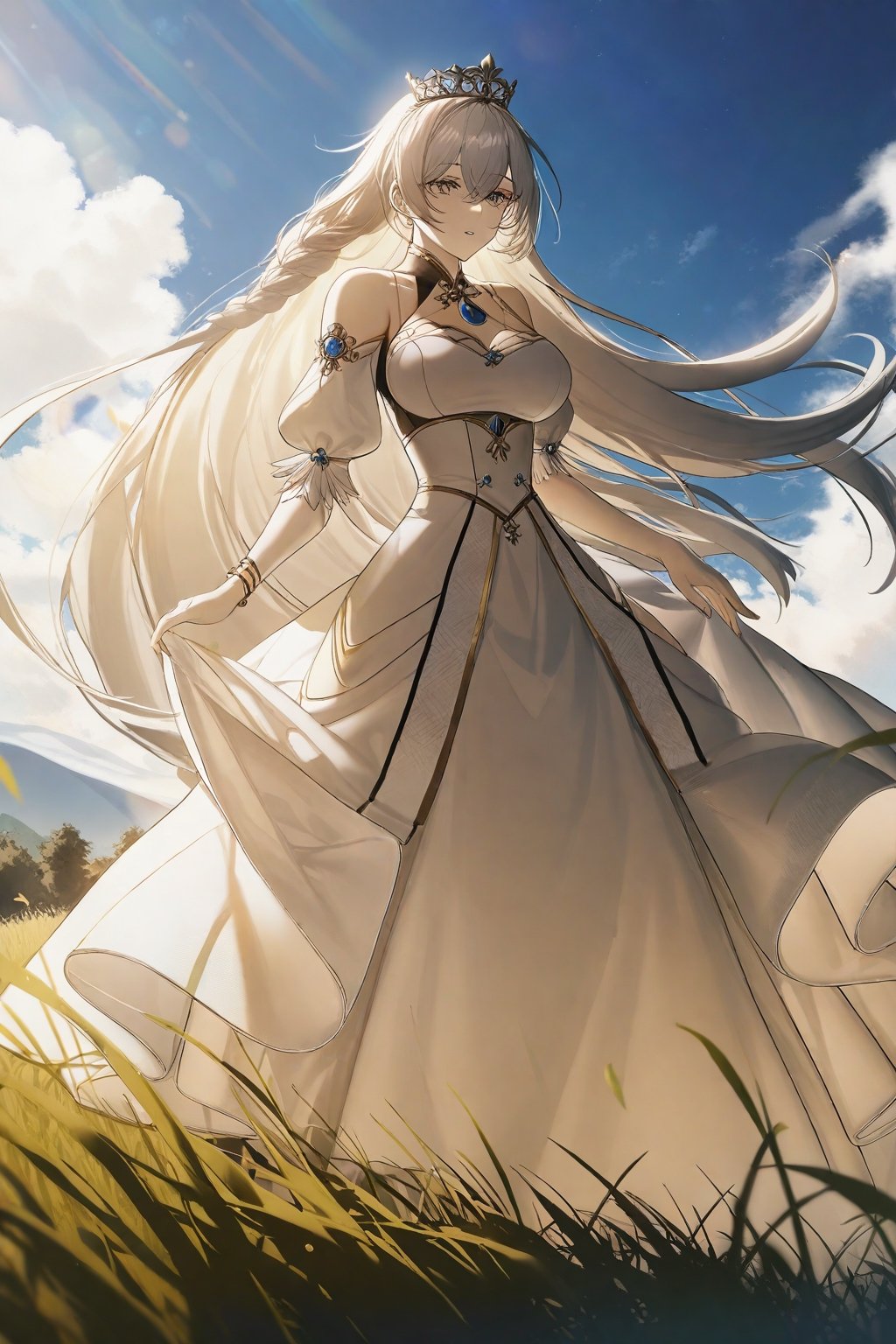 intricate details, 8k, uhd, very detail background, seductive, best quality, masterpiece, highres, royalty, elegant,  by konya karasue,extremely details, cowboy shot, 1girl, white hair, braided, white dress, wind, standing, high place, sunlight, grass, field, by nnoelllll, by r1zen, by swav, beautiful color, amazing quality, detailed, best lighting and shadow, high contrast
