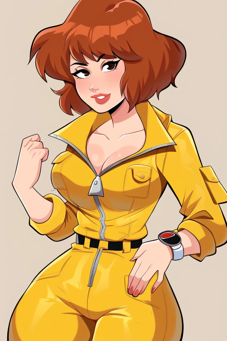 april o'neil, 1girl, short hair, brown hair, yellow jumpsuit, zipper, open jumpsuit, wristwatch, fair skin