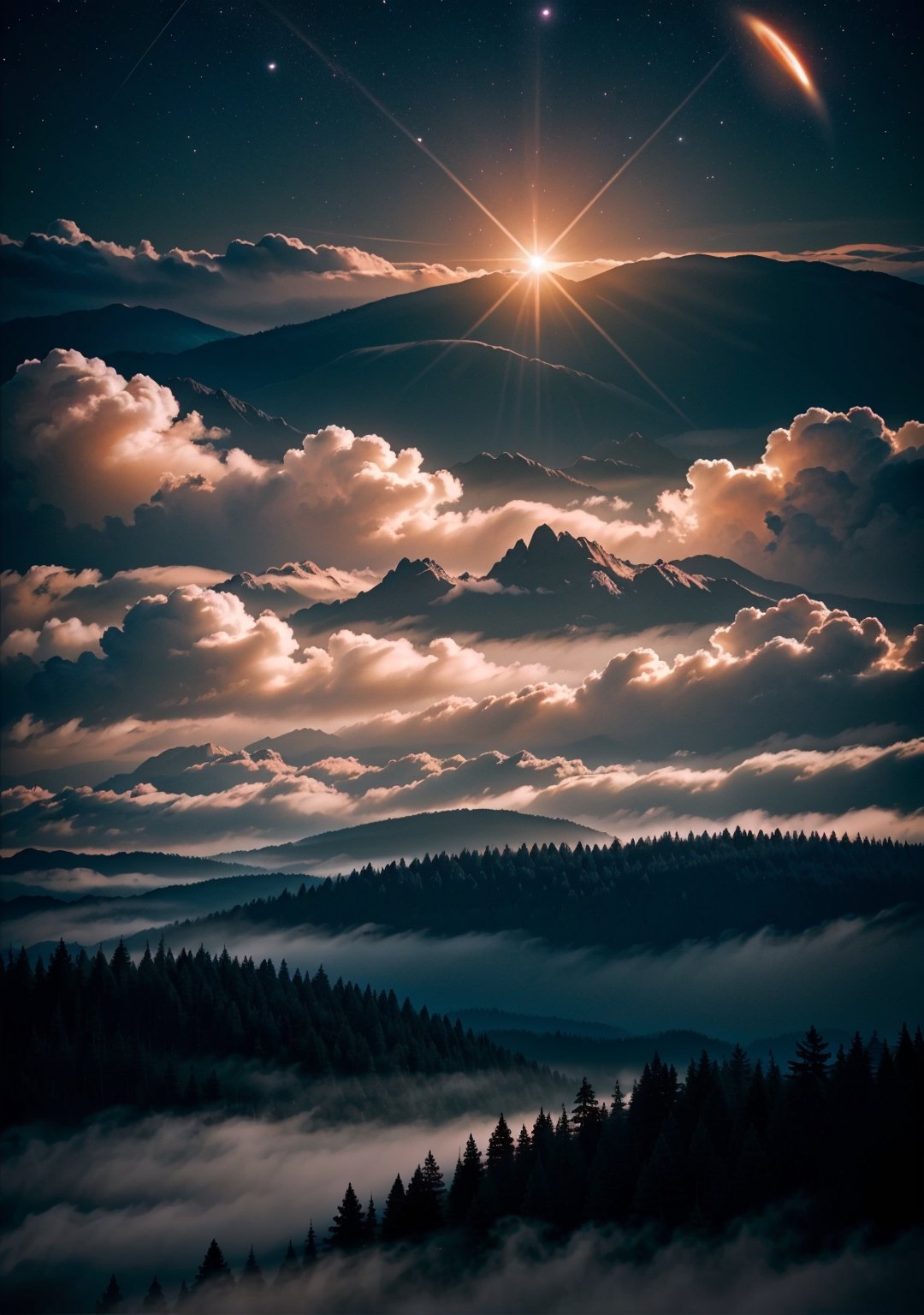 Generate an image of a surreal crystalline forest during the golden hour. The forest floor is covered in mist,revealing rocky terrain beneath. Distant mountains fade into the background through atmospheric perspective. Altostratus clouds drift above,and planets adorn the horizon. This cinematic scene,captured with a 35mm lens and anamorphic lens flare,combines low details and surrealism,reminiscent of Ansel Adams' style.